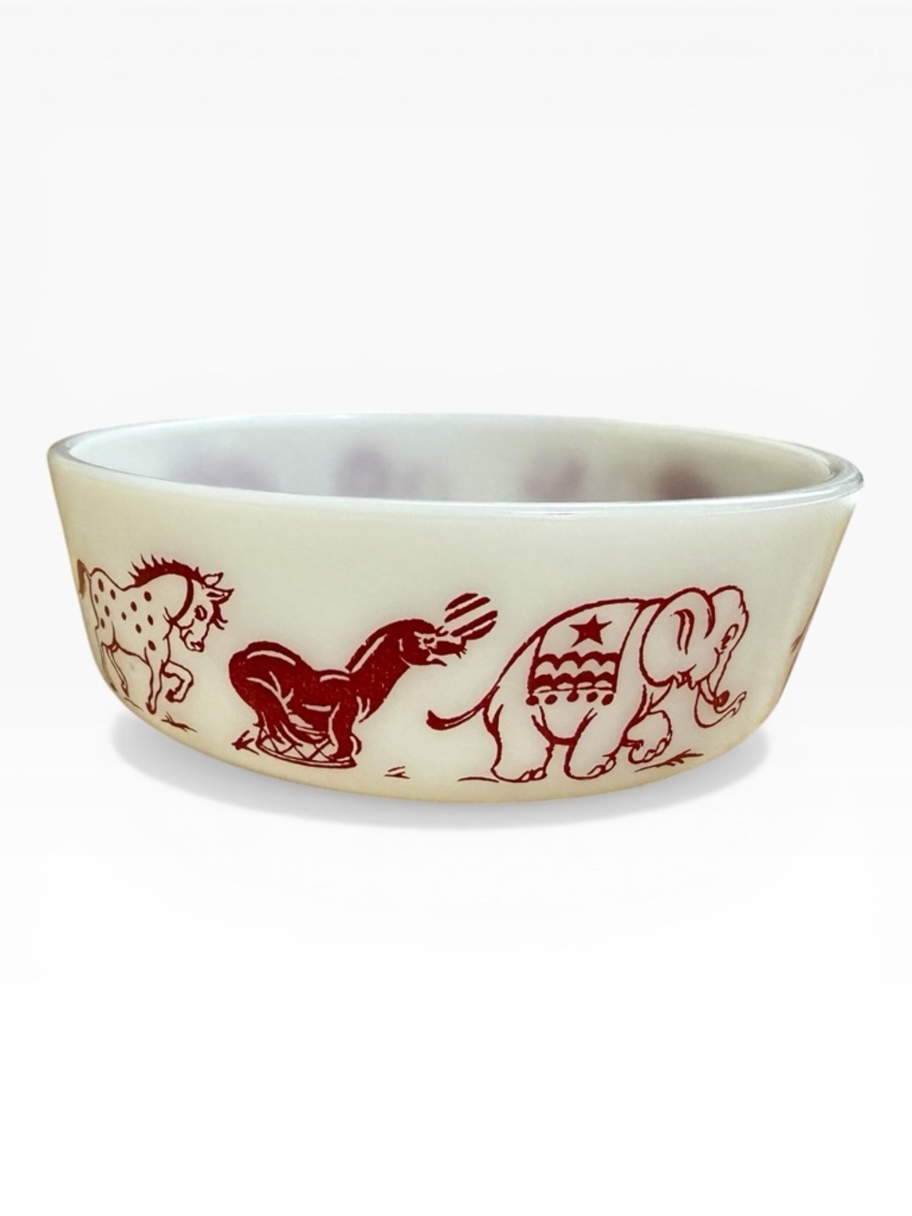 Vintage Hazel-Atlas Milk Glass Bowl Featuring A Red Circus Animal Pattern